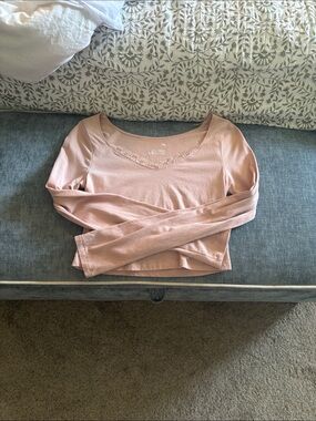 Women's Blush Long-Sleeve Scoop Neck Top with Lace Trim